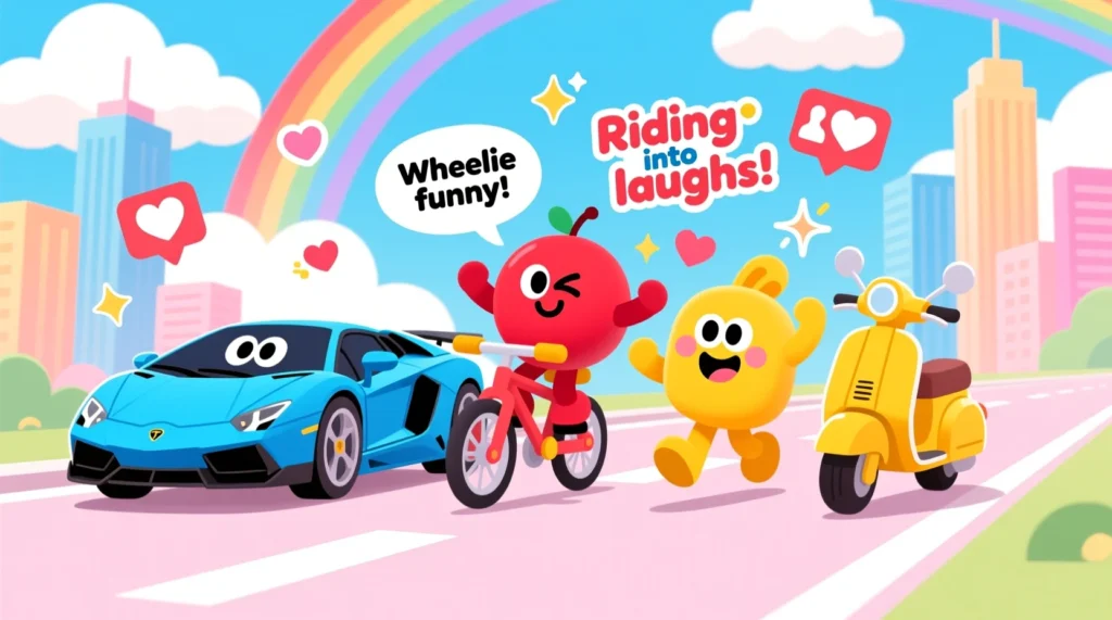 A colorful cartoon illustration of cheerful cars, bikes, and scooters with expressive faces, speech bubbles showing pun-filled jokes, and Instagram-style hearts and likes floating around.