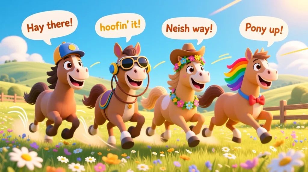A cheerful cartoon illustration of horses galloping across a sunny meadow, wearing playful accessories like hats or sunglasses, with speech bubbles showing short, kid-friendly horse puns.