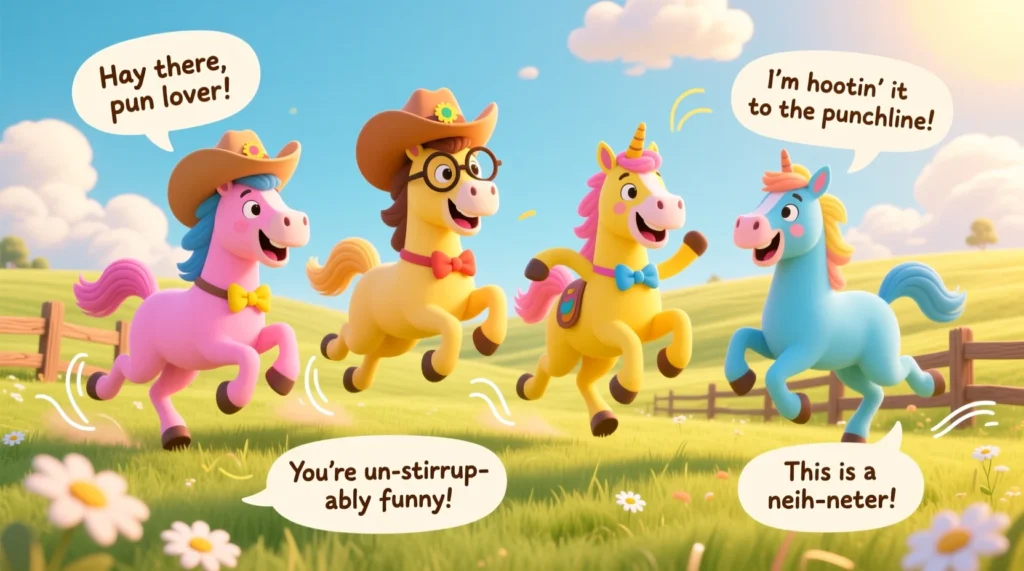 A playful cartoon illustration of cheerful horses wearing cowboy hats and glasses, trotting and prancing in a bright farm or prairie setting, with speech bubbles showing fun, kid-friendly horse puns.