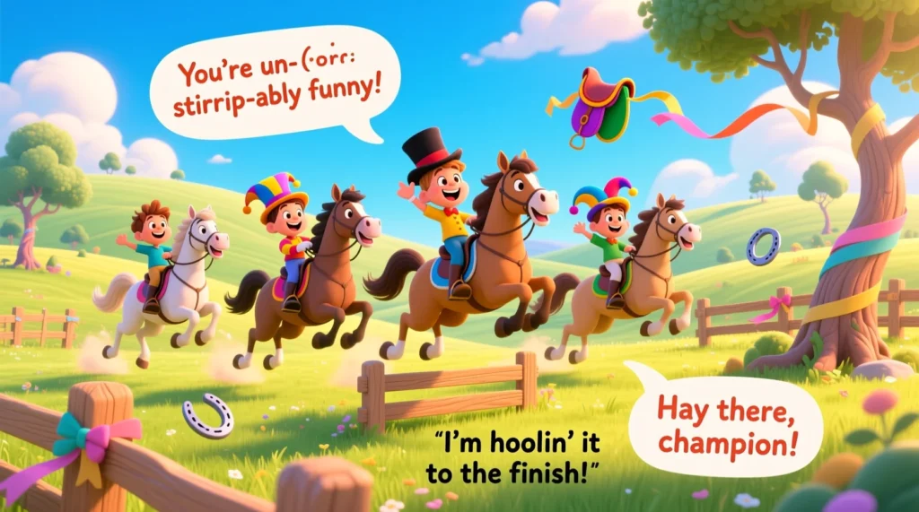 A playful cartoon illustration of cheerful horses and riders galloping and jumping over fences, with speech bubbles showing short, kid-friendly horse puns and one-liners in a bright outdoor setting.