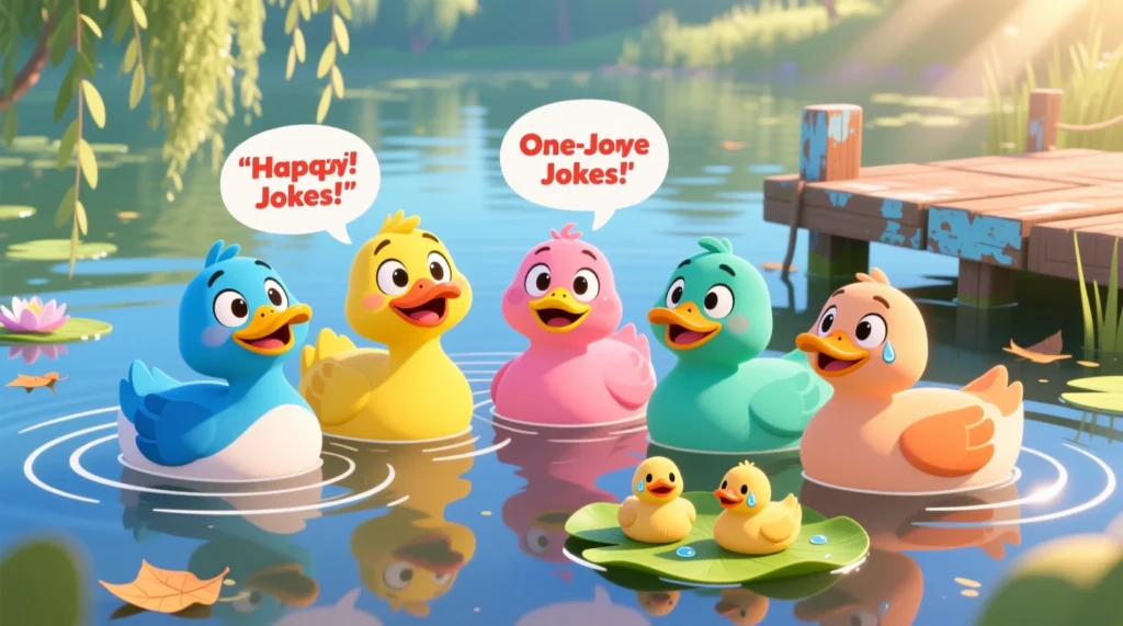 A cute, funny cartoon scene of ducks near a pond, each sharing short and snappy one-liner jokes. Bright colors, playful expressions, and a lighthearted vibe made for kids and humor lovers.