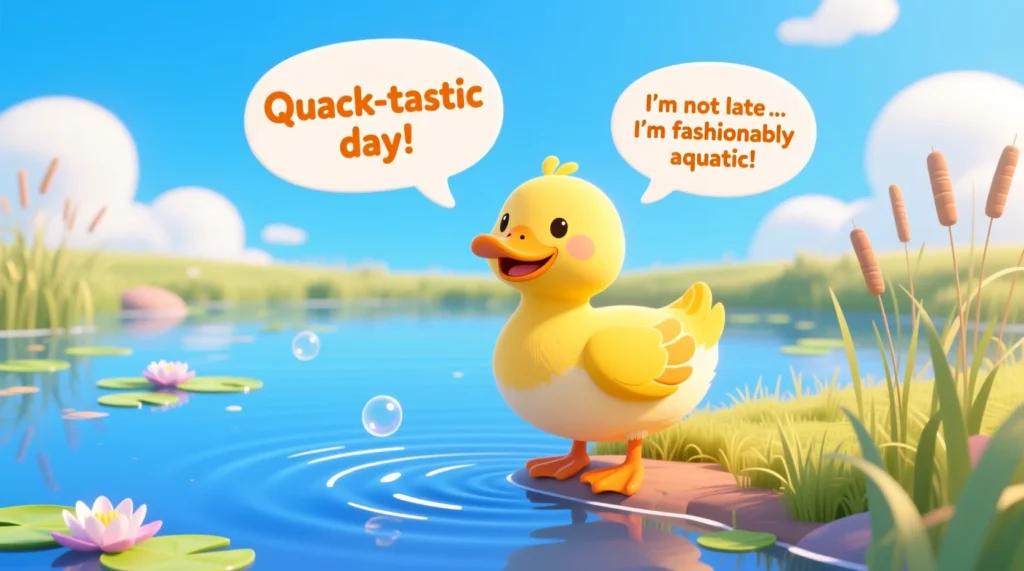 A cute duck by a small pond with bright, cheerful colors, surrounded by lighthearted and clean joke bubbles perfect for all ages.