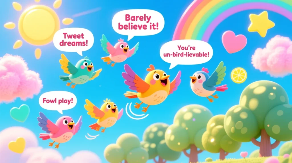 A cheerful cartoon illustration of small birds flying across a sunny sky with speech bubbles showing short, snappy bird puns, surrounded by clouds and a few trees below.