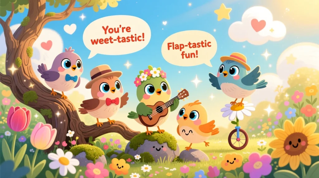 A colorful cartoon illustration of cute baby birds perched on branches and hopping around a sunny garden, with speech bubbles showing kid-friendly, playful bird puns.