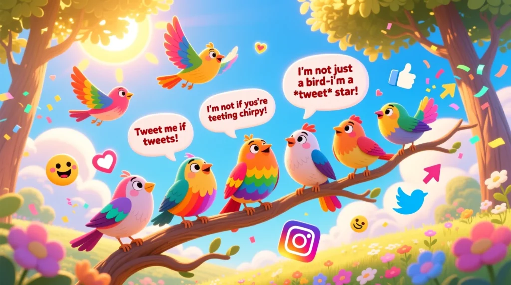 A colorful cartoon illustration of cheerful birds perched on branches and flying in the sky, each with speech bubbles showing funny, pun-filled “tweets,” surrounded by floating hearts and like symbols.