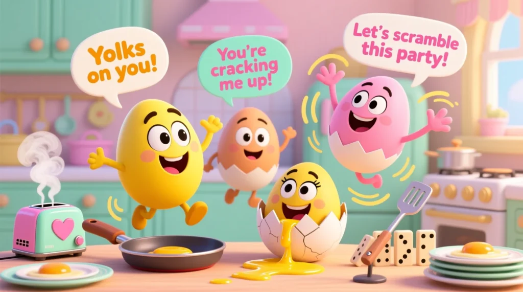 A colorful cartoon illustration of cheerful eggs, some cracked with yolks spilling out, each with funny expressions and speech bubbles showing kid-friendly egg puns.