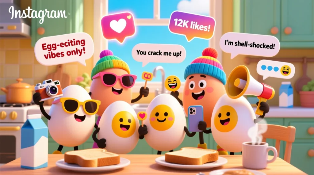 A playful cartoon illustration of funny eggs posing for a social-media-style photo, wearing sunglasses and hats, with speech bubbles showing witty, kid-friendly egg puns and Instagram captions.