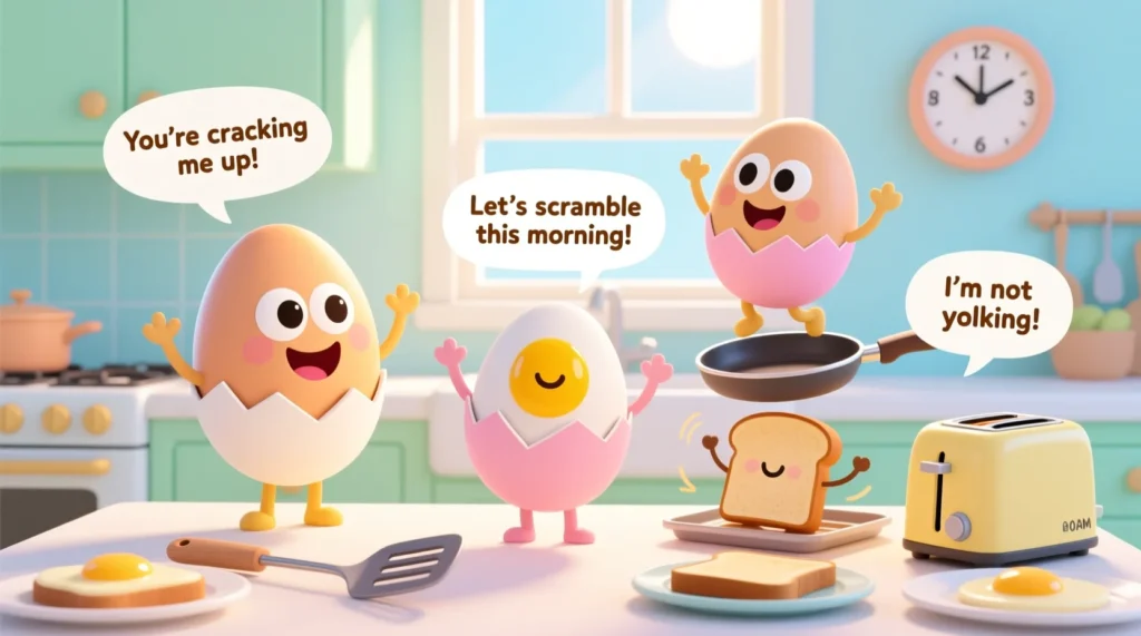 A colorful cartoon illustration of happy eggs in a clean kitchen, each with cheerful expressions and speech bubbles showing family-friendly, kid-appropriate egg jokes.