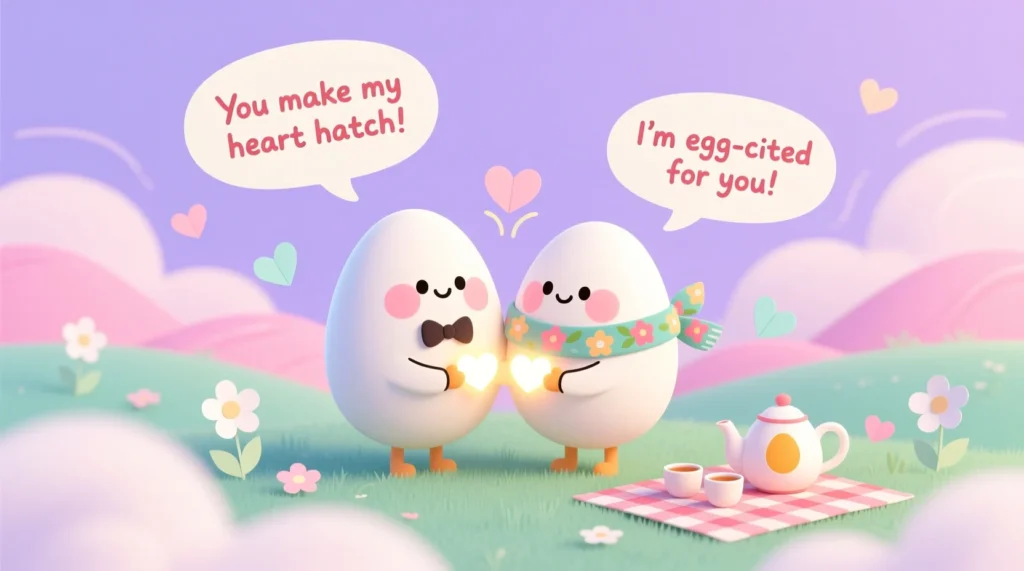 A cute cartoon illustration of two eggs in love, surrounded by hearts and flowers, with speech bubbles showing romantic, kid-friendly egg puns.