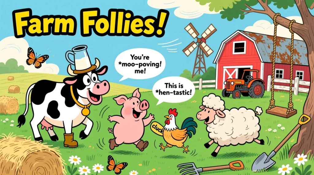A colorful cartoon illustration of cheerful farm animals like cows, pigs, chickens, and sheep in a sunny pasture, with speech bubbles showing kid-friendly farm jokes and puns.