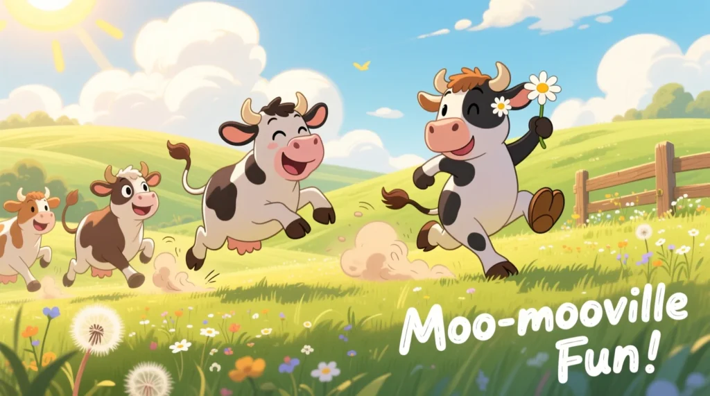A fun cartoon illustration of energetic cows jumping and running in a sunny pasture, with speech bubbles showing short, witty, kid-friendly cow puns.