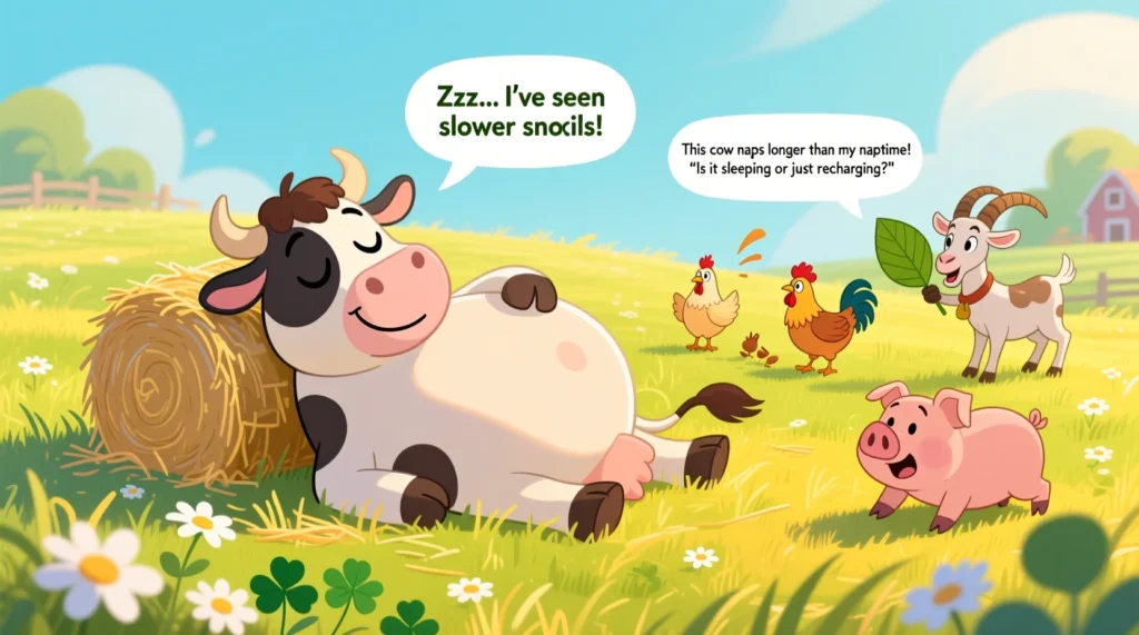 A playful cartoon illustration of a large, sleepy cow lounging in a sunny pasture, with smaller farm animals around and speech bubbles showing funny, kid-friendly lazy cow jokes.