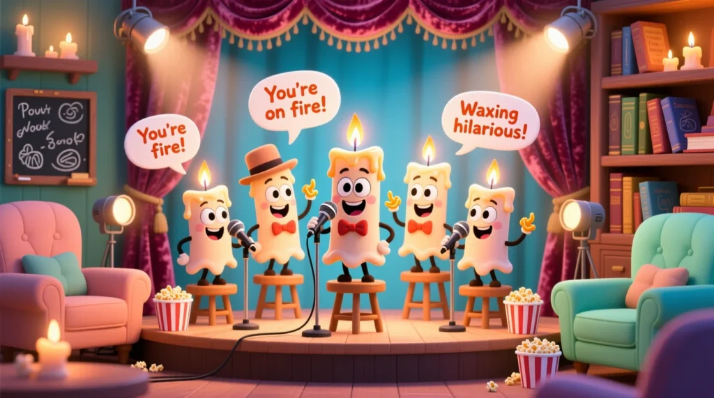 A cozy cartoon illustration of animated candles with cheerful faces performing jokes on a small stage, with warm glowing light and speech bubbles showing playful candle-themed puns.