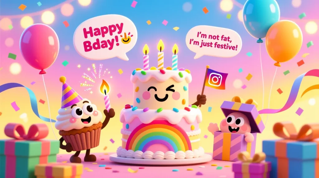 A vibrant cartoon illustration of a birthday cake, balloons, party hats, and confetti, with animated characters showing happy expressions and speech bubbles containing fun, Instagram-style birthday captions.