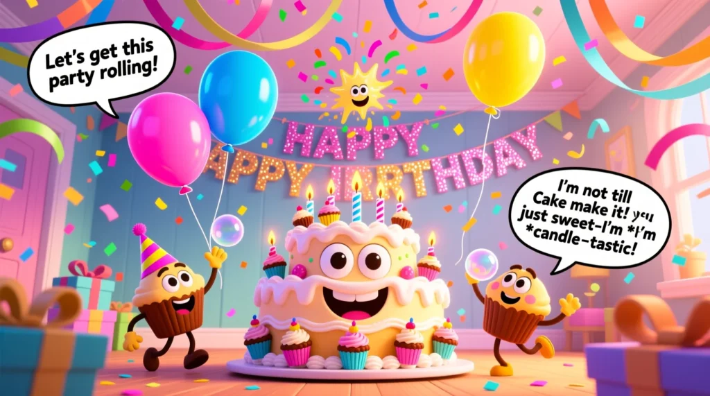 A colorful cartoon illustration of a lively party scene with balloons, confetti, cakes, and animated party characters, each with speech bubbles showing funny, kid-friendly puns.