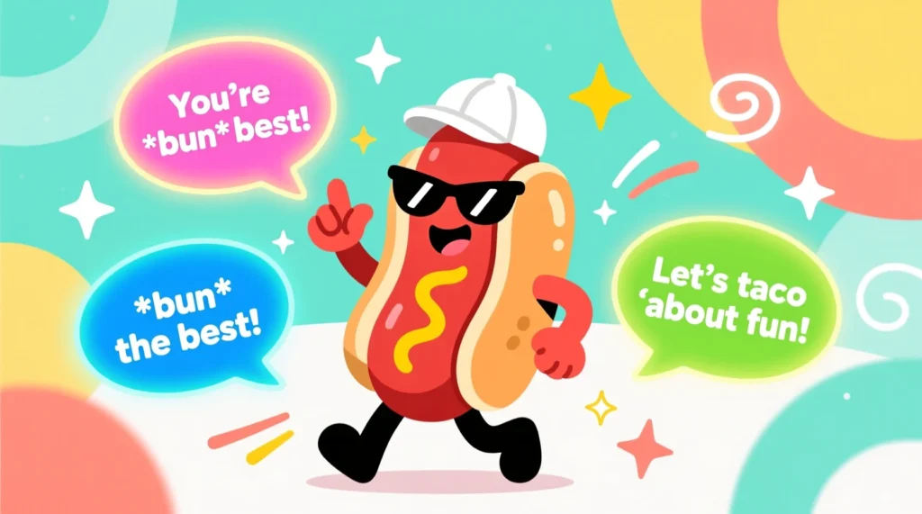 “Colorful hotdog-themed humor design featuring short, punchy zingers perfect for any mood. Fun, bold, and playful vibe.”