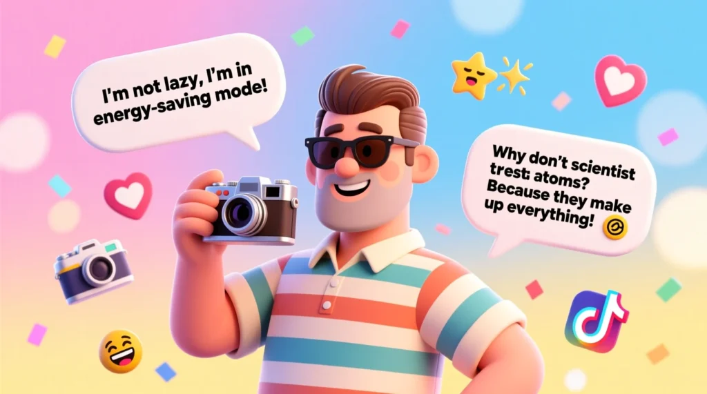 “A cheerful illustration of a dad posing with a camera, surrounded by speech bubbles filled with funny dad jokes on an Instagram-themed background.”

