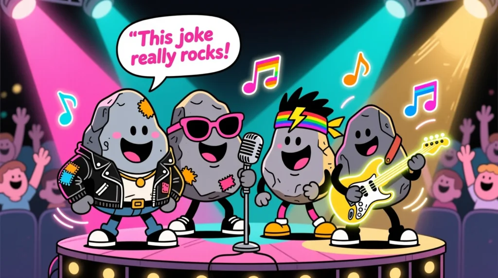 A fun, retro-style rock-themed design featuring cartoon rocks dressed like classic rock stars, complete with guitars, sunglasses, and stage lights—bringing timeless rock jokes to life.”