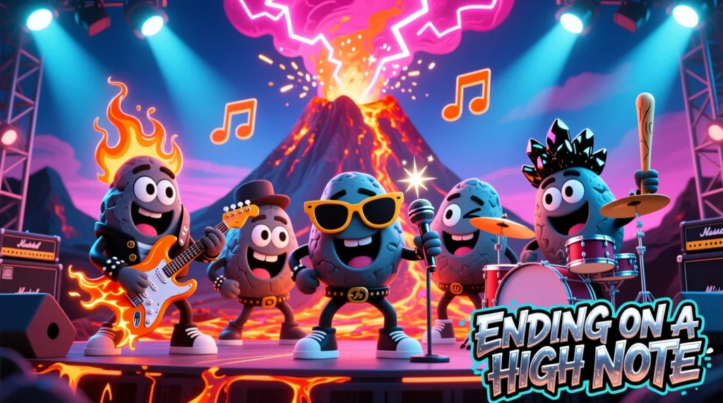 “A fun, energetic illustration of cartoon rocks styled as rockstars performing on a glowing volcanic stage, with bright lights and musical-note sparks erupting from a volcano in the background.”
