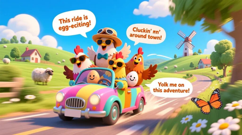 A playful cartoon illustration of cheerful chickens riding in a small car down a sunny country road, with eggs in the backseat and speech bubbles featuring funny, kid-friendly fowl jokes.