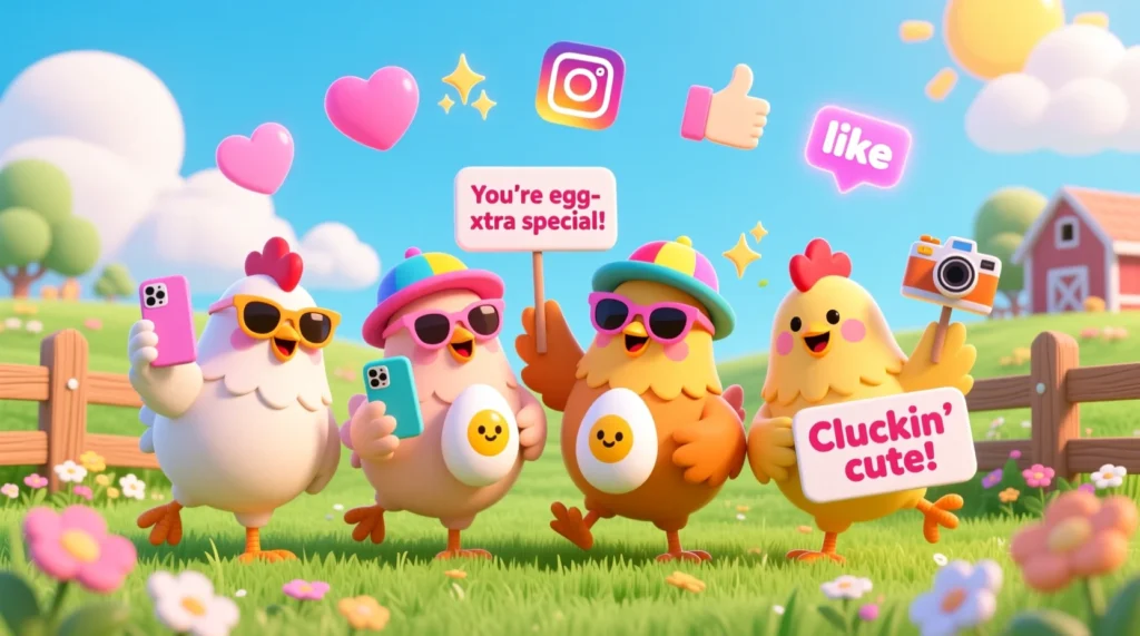 A colorful cartoon illustration of cheerful chickens posing for photos with sunglasses, hats, and speech bubbles showing egg-themed puns like “You’re egg-stra special!” in a bright farmyard setting.