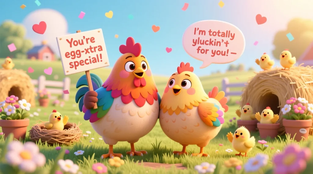 A cute cartoon illustration of two cheerful chickens surrounded by hearts and flowers in a whimsical farmyard, with speech bubbles showing playful love and dating puns.