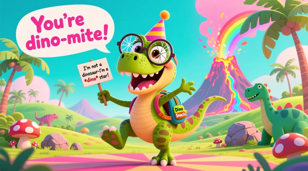 A playful cartoon illustration of a cheerful velociraptor wearing a party hat and glasses, with speech bubbles featuring silly, kid-friendly dinosaur puns in a colorful prehistoric landscape.