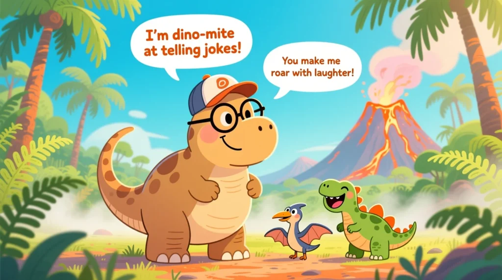 A cheerful cartoon diplodocus wearing a dad cap and glasses, standing in a sunny prehistoric landscape, telling kid-friendly dad jokes with speech bubbles.