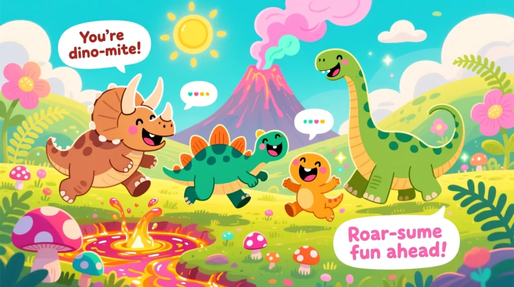 A playful cartoon of cute dinosaurs laughing and playing in a colorful prehistoric setting, with speech bubbles showing kid-friendly dino jokes and puns.