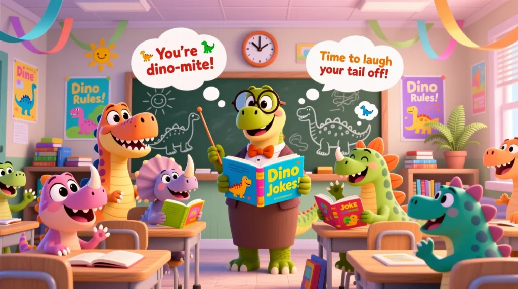 A colorful cartoon classroom filled with cheerful dinosaurs sitting at desks, reading joke books and laughing, while a dinosaur teacher leads the fun with kid-friendly dino puns.