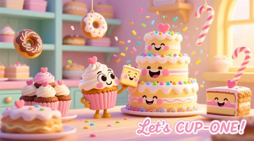 Whimsical illustration of smiling, animated cakes and cupcakes in a cheerful bakery setting, radiating fun and sweetness.
