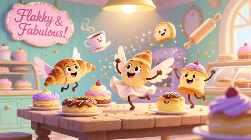 Cute, animated pastries with smiling faces flaking and dancing on a bakery table, creating a whimsical and joyful scene.