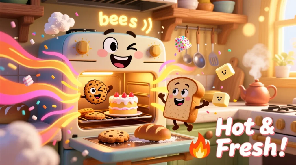 Oven Humor That’s Hot and Fresh 🔥A cartoon oven with a happy face surrounded by baked goods, radiating warmth and playful energy in a cozy kitchen setting.