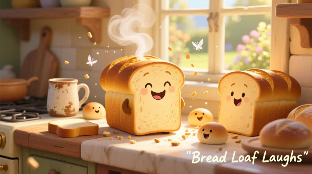 Animated loaf of bread and happy slices laughing together on a cozy kitchen counter, radiating warmth and joy.
