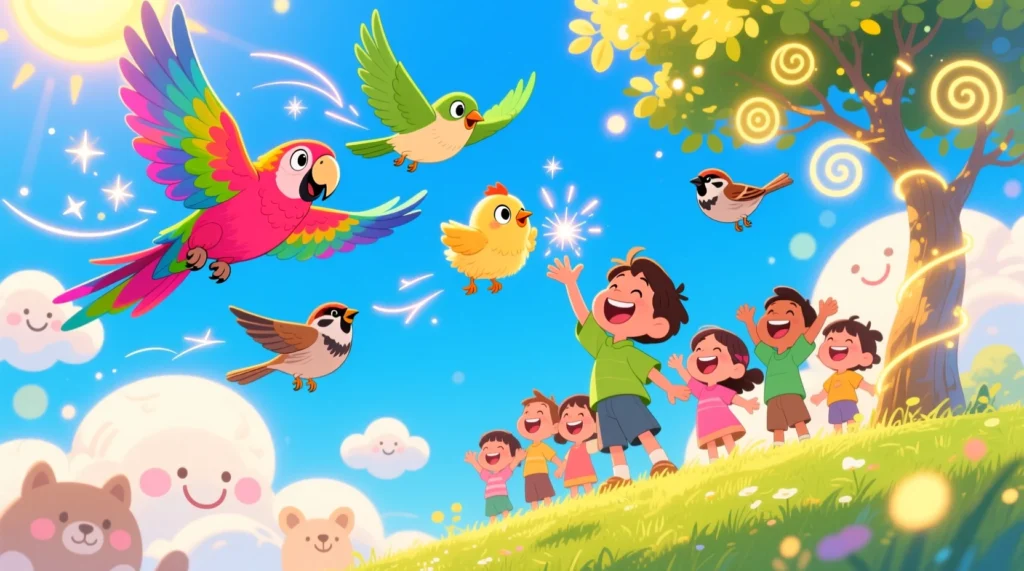 Colorful cartoon birds flying and playing in the sky with kids laughing below, creating a lively and fun scene.