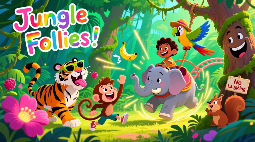 Cheerful jungle animals like monkeys, tigers, and parrots acting silly while children laugh in a colorful jungle environment.