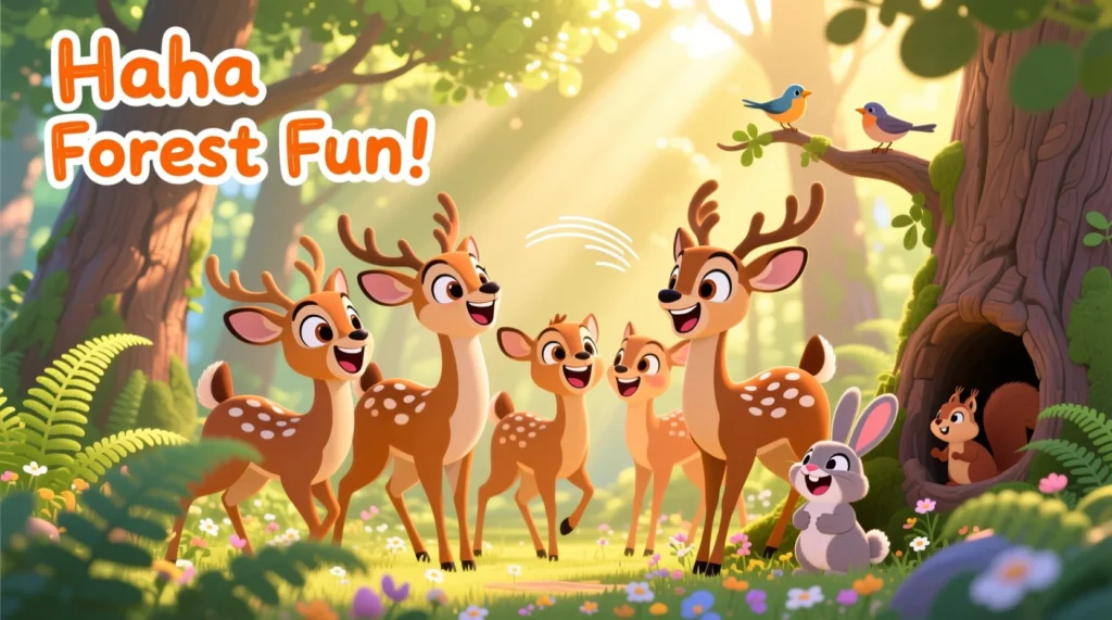 Cheerful cartoon deer laughing together in a bright, green forest with sunlight, trees, and playful woodland details.