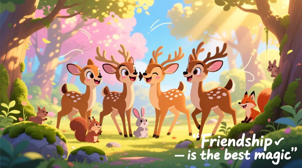 Cute cartoon deer laughing together in a warm forest scene, sharing jokes and enjoying friendly moments.