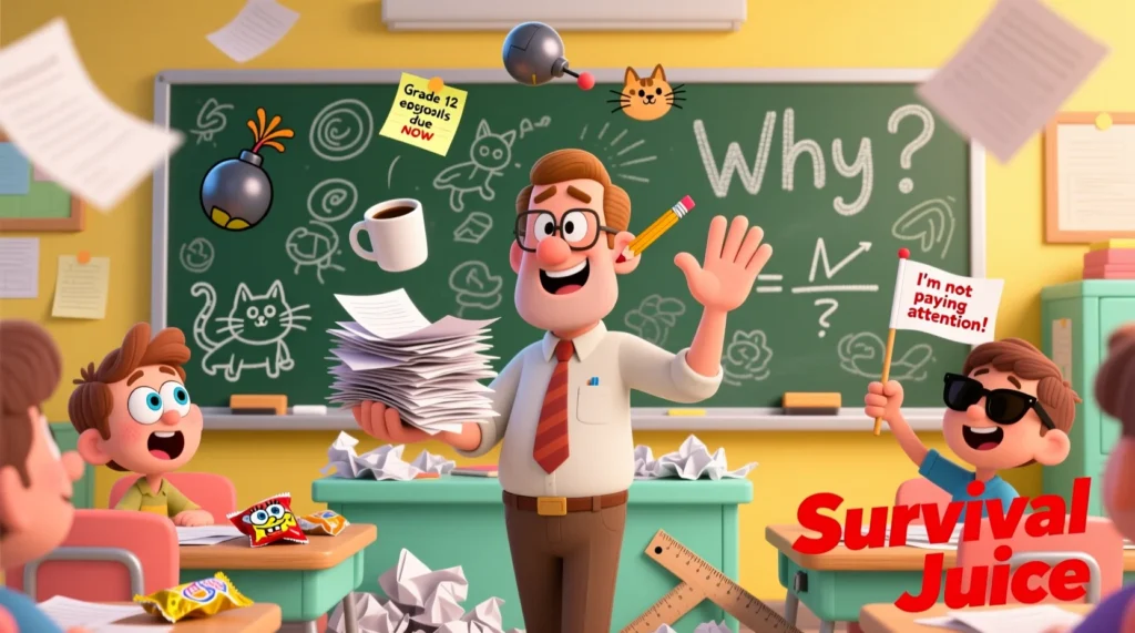 A cartoon teacher humorously juggling classroom struggles, papers, coffee, and students in a lively, relatable school scene.