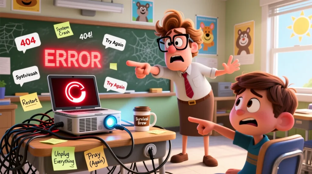 Cartoon teacher struggling with classroom technology, surrounded by a laptop, projector errors, and confused students.