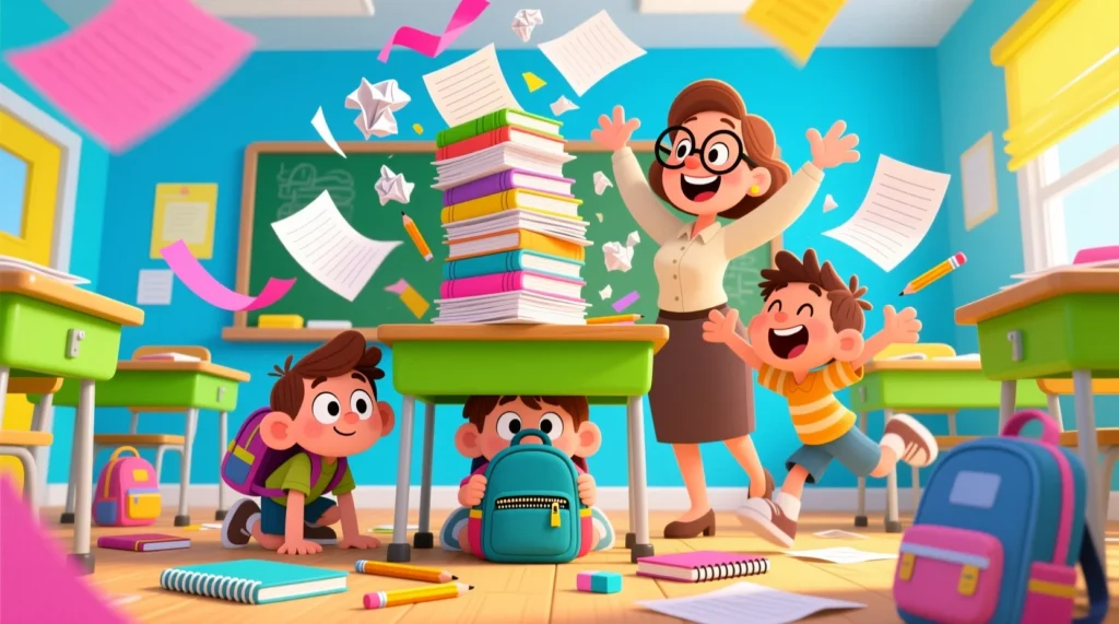 Students and a cartoon teacher humorously reacting to homework with flying papers, exaggerated expressions, and a fun classroom setting.