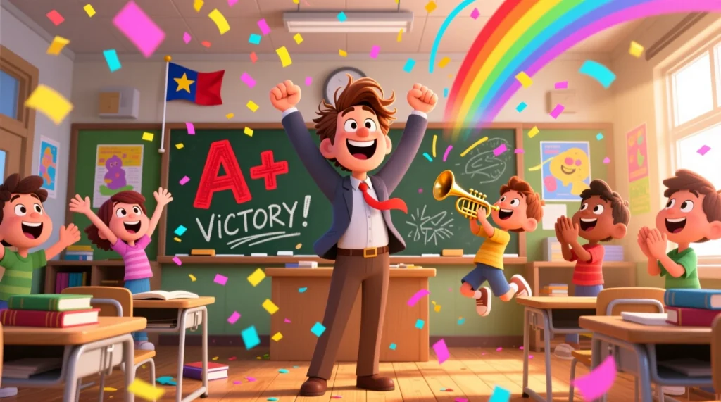 Cartoon teacher celebrating a classroom win with students cheering, confetti falling, and a joyful, colorful school setting.
