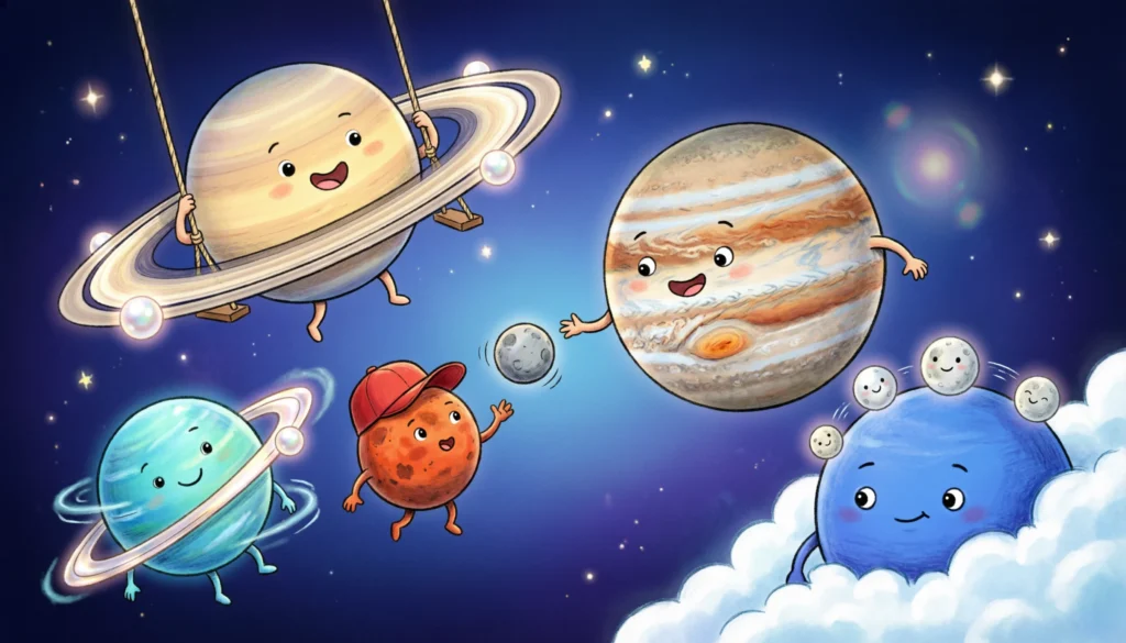 Funny planetary puns with cartoon planets