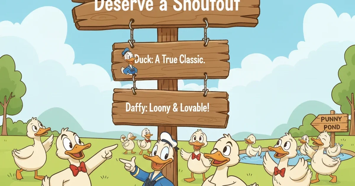 Illustration of famous cartoon ducks like Donald Duck and others, standing proudly with fun, playful expressions.