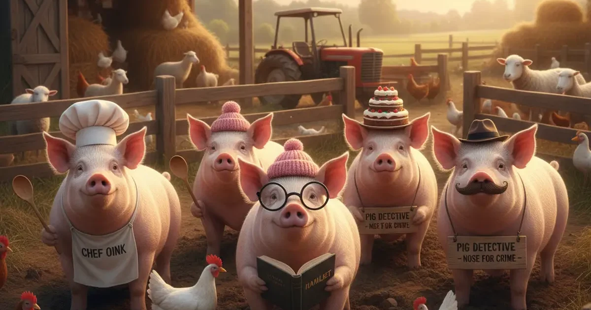 A funny cartoon pig in a farmyard setting, smiling and surrounded by playful barn elements.
