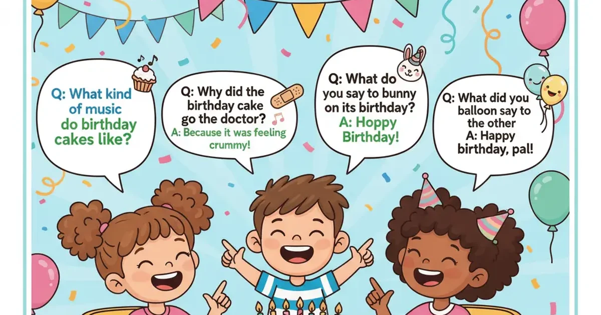 Happy kids at a birthday party laughing while answering funny Q&A jokes with balloons and cake around.