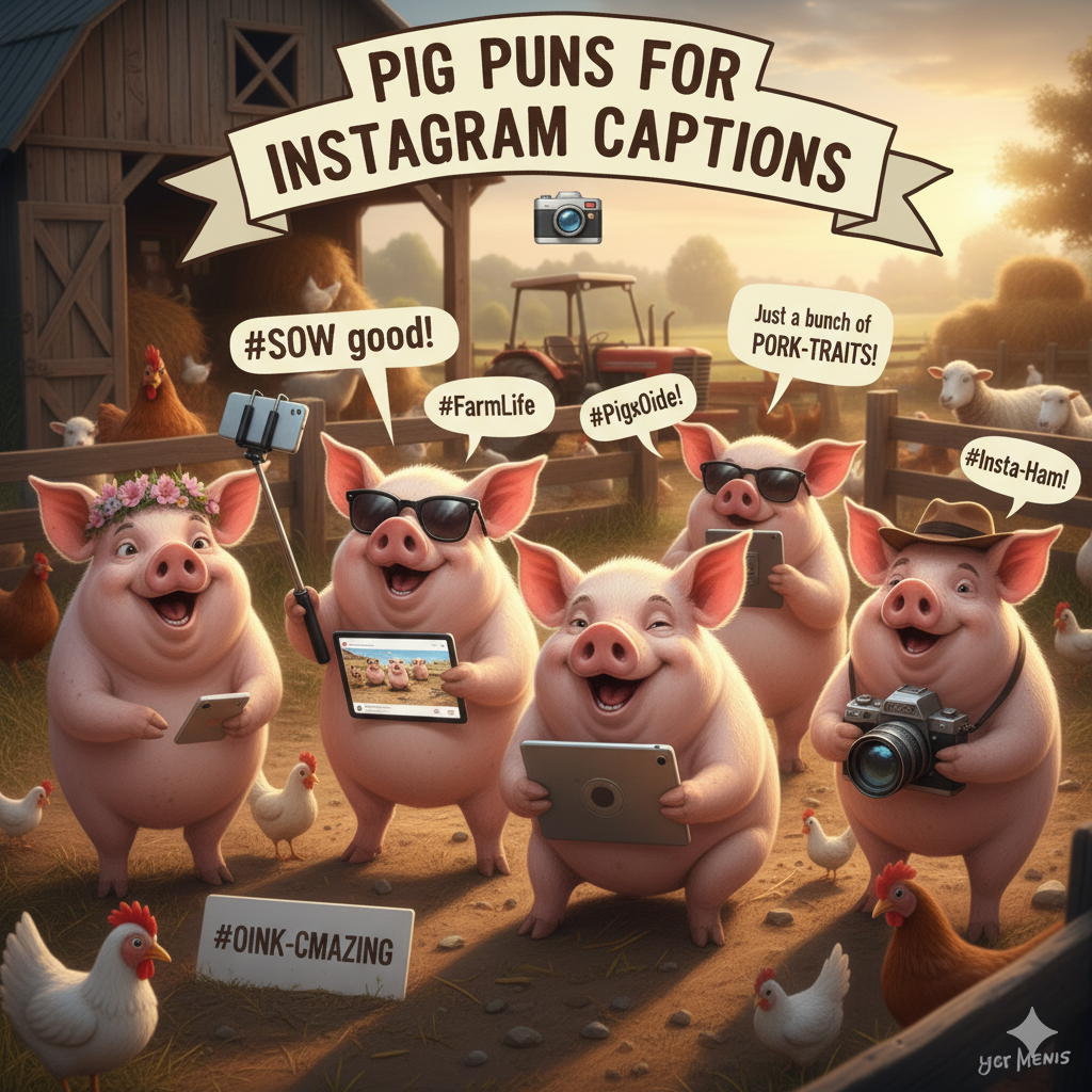 “Cute cartoon pig posing for a fun Instagram-style photo, with playful pig-themed puns and a cheerful vibe.” 