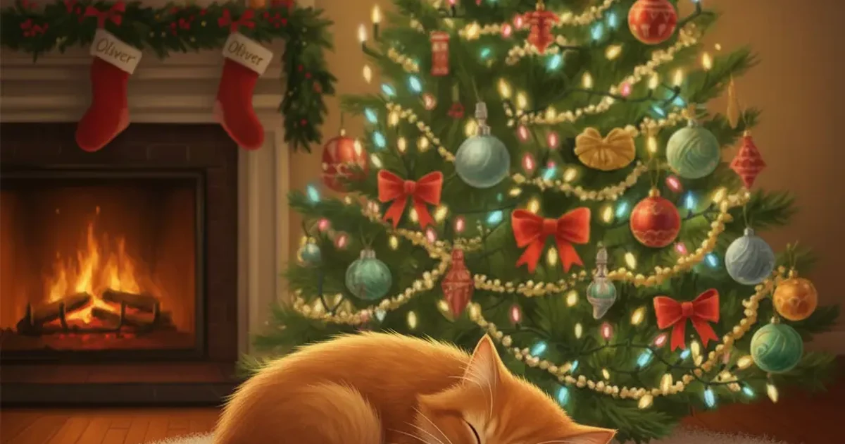 A cozy cat napping peacefully by a warm fireplace with hanging stockings and a soft, festive glow.