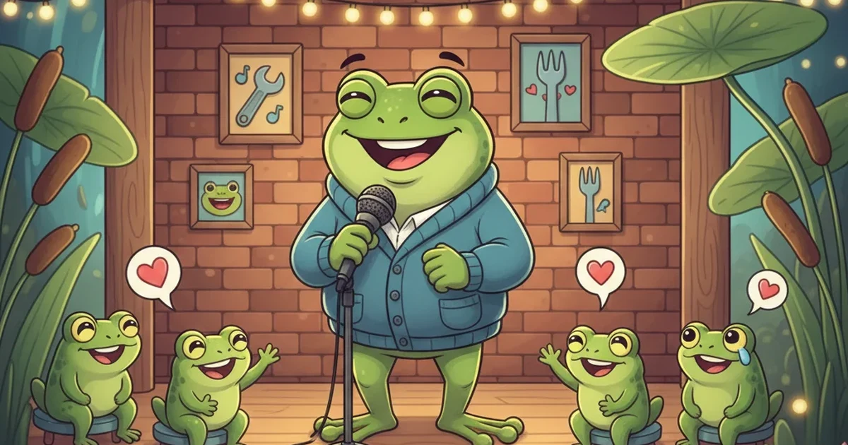 A cheerful cartoon frog wearing a dad-style outfit, smiling and telling jokes in a fun, family-friendly pond setting.