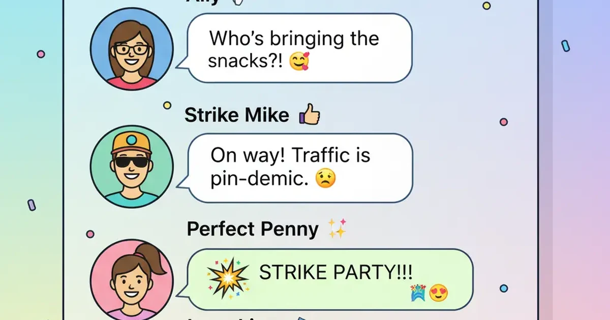 “A fun, colorful digital illustration of a Bowling Night group chat featuring four character icons—two male and two female—sending short bowling messages in bright chat bubbles, with tiny bowling pins and a bowling ball added as playful accents on a clean, soft background.”